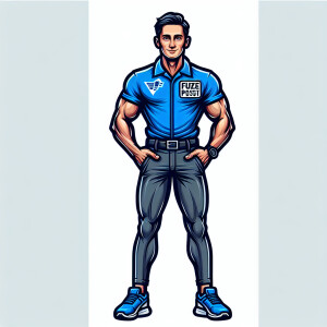 I want a mascot like a transport person who wears a blue polo co...