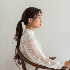 A cute asian woman sitting in a wooden chair
Brown ponytail
O...