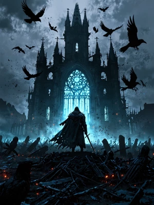 A dark, ominous scene with a lone warrior in a tattered cloak st...