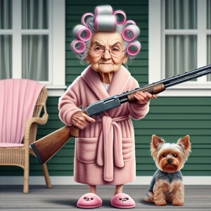 A whimsical caricature image of an old lady standing on her porc...