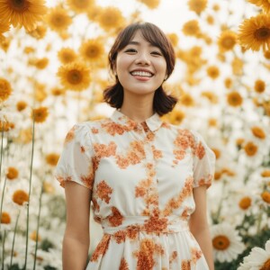 A cute woman

Smiling 

Clothes: Floral Dress

Looks Clean & Mod...