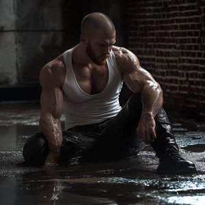 A bodybuilder man with a shaved head and a ginger beard sits in...