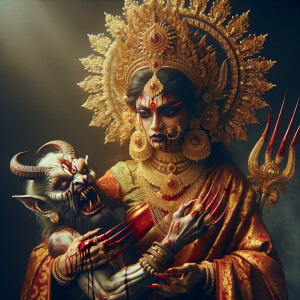 portrait of angry looking goddess durga  carrying a weak mahishasur in her arms and poking him with her amazingly long red fingernails. She is wearing a huge gold crown, red saree, abundant  gold jewelry, covered in blood. The scene is set in ancient India. The image is 8K resolution, cinematic, ultra detailed face and epic.