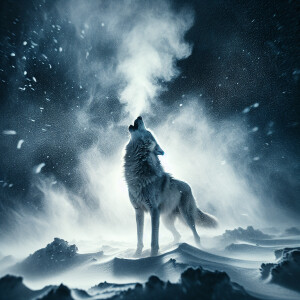 Lone wolf howling in the snow, surrounded by wind, smoke, night,...