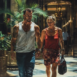 Hyperrealism.A sweaty man walking with his mother in law with n...