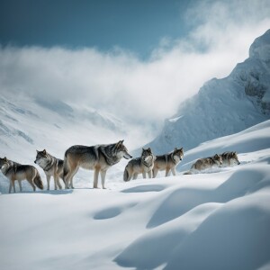 Pack of wolves, snowy mountain