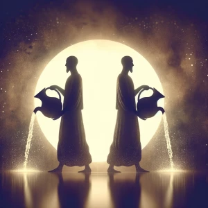 Create me an image of an Aquarius couple standing back to back b...