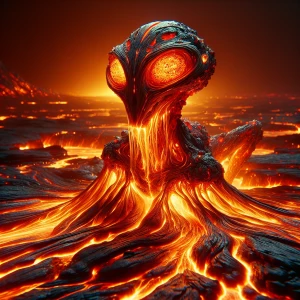 Imagine an extraterrestrial being emerging from a molten landsca...