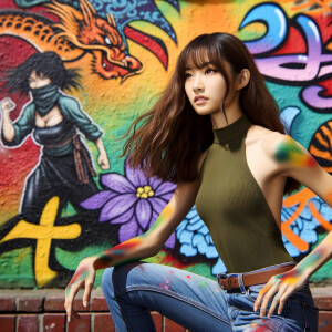 Very thin Athletic Thin skinny Attractive, Asian teenage girl, long brown hair and bangs, wearing tight skinny jeans and a halter top paint marks on her clothing, sitting side view heroic pose Asian graffiti