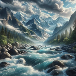 Бурная горная река с прозрачной водой