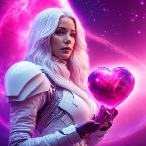 Futuristic space explorer, a young woman with long, flowing whit...