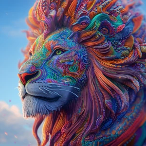 Create a 3D-rendered 8k UHD image of a lion with an extremely detailed, oversized psychedelic mane, incorporating vibrant colors and intricate patterns to emphasize a professional level of detail.