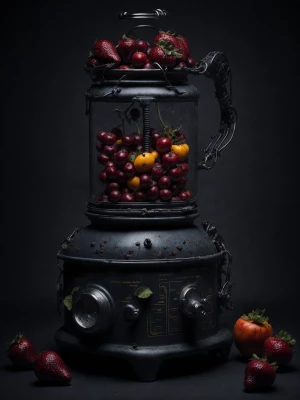 need a close up of a very old and manual fruit blender with berr...