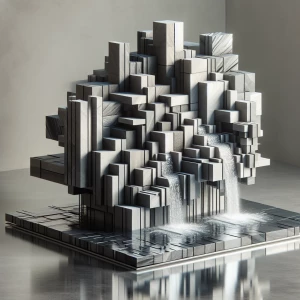 Imagine a floating waterfall fountain made of thin slabs of slat...