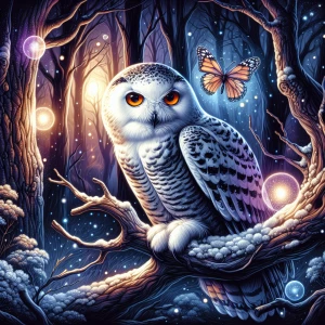white owl with large orange eyes as the central focus, perched o...