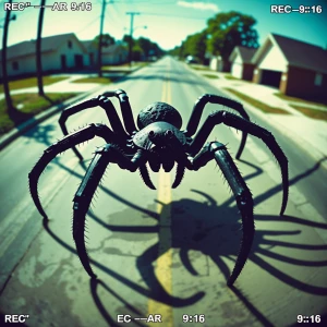A high-angle surreal CCTV camera scene of a large spider creatur...