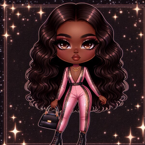 An African American chibi-style woman with smooth mocha skin, vo...