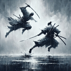 Prompt: minimalist abstract depiction of a fight, dark rainy eve...