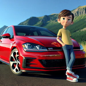 Volkswagen golf gti and cartoon boy near the hood