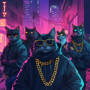 A group of cool gangster cats in an urban environment, wearing s...