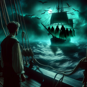 A man from a ship looks at a pirate ship at night, on which blac...