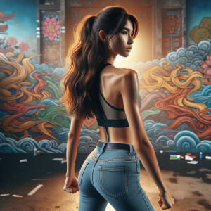 Athletic Thin skinny Attractive, Asian teenage girl, long brown hair and bangs, wearing tight skinny jeans and a halter top paint marks on her clothing, heroic pose Asian graffiti background,  backside view