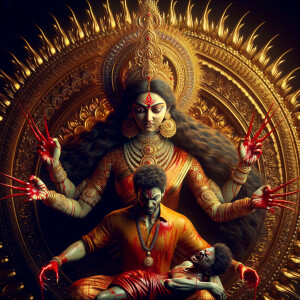 portrait of angry looking goddess durga sitting on a gold crown...