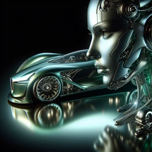 A futuristic car sleekly shaped from rich green jade. The polish...