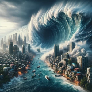Generate a hyper-realistic image depicting a colossal tsunami ne...