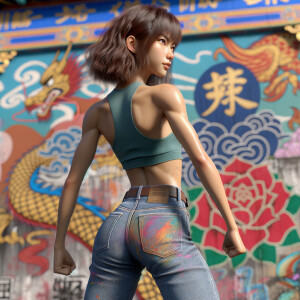 Athletic Thin skinny Attractive, Asian teenage girl, long brown hair and bangs, wearing tight skinny jeans and a halter top paint marks on her clothing, heroic pose Asian graffiti background, backside view