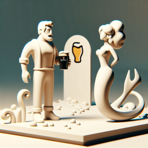 Armenian man with pint Guinness in hand, mermaid girl heel