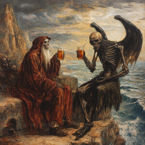 The Reaper and Lucifer having a drink of scotch on the rocks in...