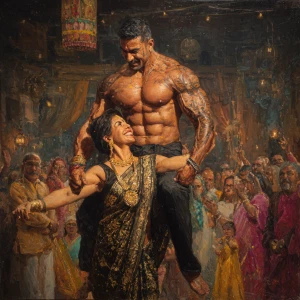 Realism,photo painting.a muscular beefy sweaty tattoed indian ma...