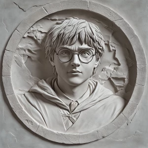 Design a grayscale 3D bas-relief of Harry potter, featuring soft...