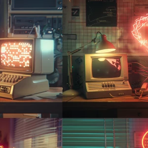 /imagine prompt: two vintage beige 56k modems on separate desks,...