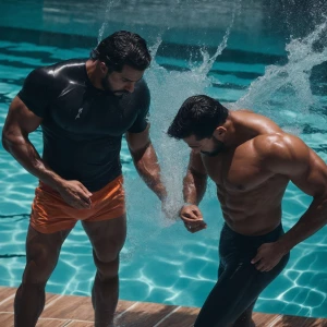 Two muscular men black in the pool