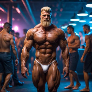 A hyper-realistic depiction of a muscular, mature bodybuilder ma...