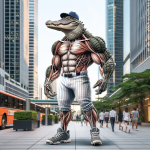 Man- alligator hybrid with extra huge muscles with veins popping...