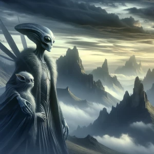 Create a fantasy scene featuring an extraterrestrial being with...