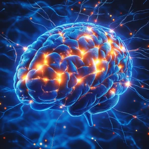 Illustrate a human brain with neurons illuminated and actively f...