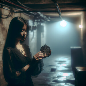 The girl stands in a dark gloomy old basement and holds a medall...