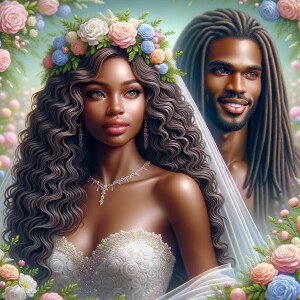 Create a 3-D realistic oil, painting of a beautiful African-American bride. She has long flooring, wavy hair and her gown has beautiful jewels around the neckline. in the background there is a beautiful African-American Jesus Christ with long dreadlocks, and he is smiling. He is very handsome pastel flowers throughout the image.