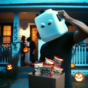 A man wearing a milk jug as a holloween mask his handing out pac...