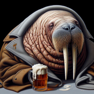 Walrus drunk in a coat and beer, realism