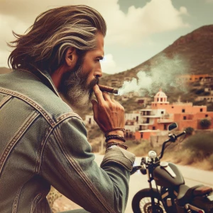 Show a man's head and shoulders in a jean jacket. Have him looki...