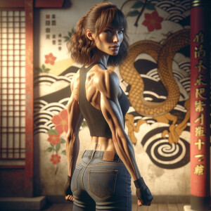 Athletic Thin skinny Attractive, Asian teenage girl, long brown hair and bangs, wearing tight skinny jeans and a halter top paint marks on her clothing, heroic pose Asian graffiti background, backside view