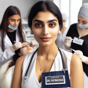 a cosmetologist, her name tag is @dr_fatimusha, she works in a c...