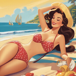 Belle in a bikini laying on her back on a beach