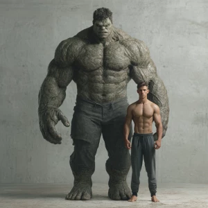 Create an image featuring a large, muscled figure with exaggerat...