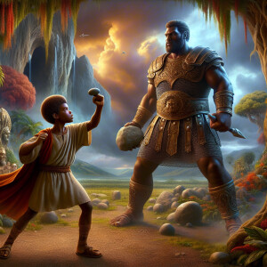 A vivid and dynamic digital painting of the biblical scene betwe...